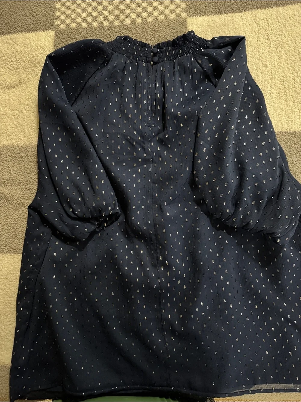 LOFT Navy Smocked Neck Short Puff Sleeve Blouse with White Dot Print